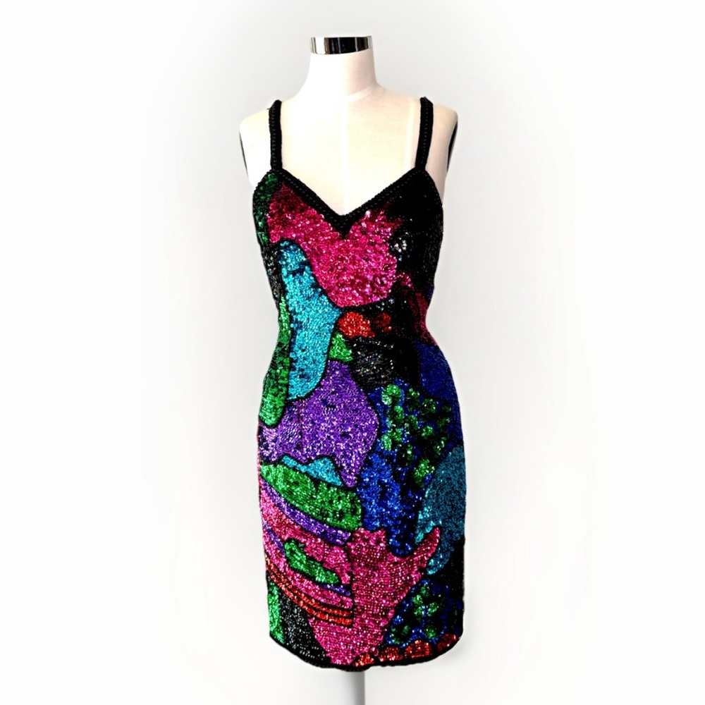 Vintage Sho Max Originals silk sequin mini dress w/ multicolored abstract design